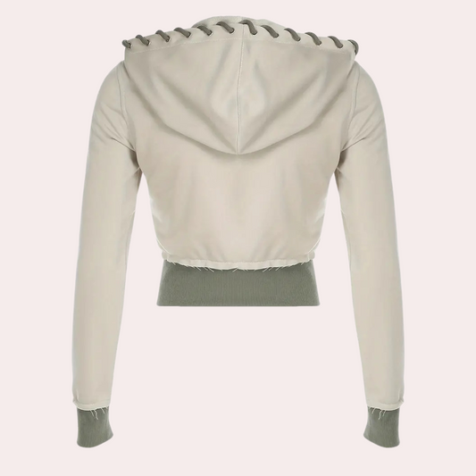 Beige Damen-Kapuzenjacke, langärmelig, mit grauen Details, modisch, bequem, Freizeitkleidung.