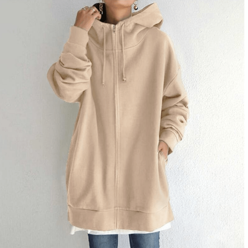 Beiger Kapuzenpullover Damen, lang, Reißverschluss, lässig, Baumwolle, modisch, bequem.
