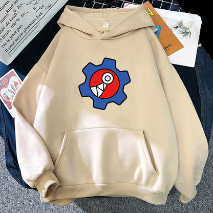 Beiger Hoodie mit buntem Zahnrad-Design, Baumwolle, Unisex, modisch, bequem, Kapuzenpullover.