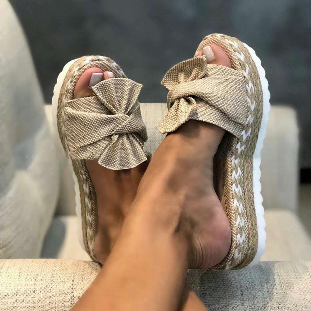 Beige Damen-Sandalen mit Schleife, Plateau-Sohle, Sommermode, bequem, lässig.