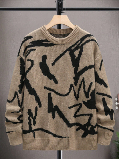 Beiger Strickpullover mit schwarzem abstraktem Muster, Herrenmode, Winterkleidung, gemütlich.