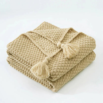 Beige Strickdecke mit Quasten, Baumwolle, gemütlich, dekorativ, Wohnzimmer, Sofa, Bettüberwurf.