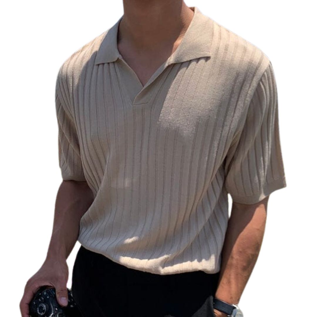 Beiges Herren-Poloshirt, gerippt, kurzärmelig, aus Baumwolle, modisch, lässig.