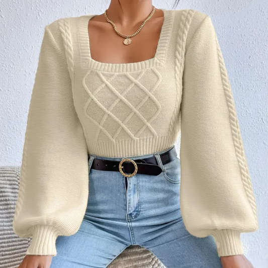 Damen Pullover beige, Strick, Zopfmuster, quadratischer Ausschnitt, lange Ärmel, modisch.
