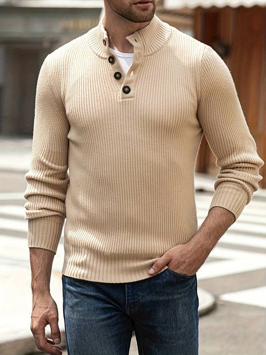 Beiger Herrenpullover mit Knopfleiste, Strick, modisch, lässig, Herbstmode, Langarm.