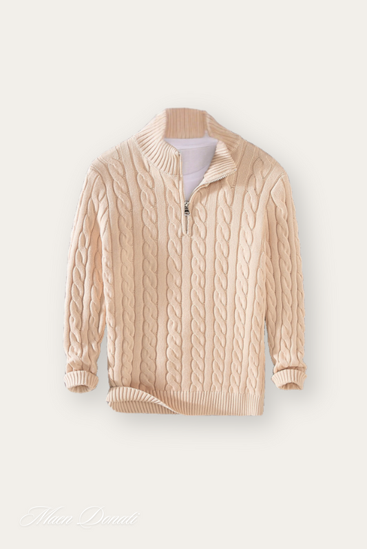Beiger Zopfmuster-Pullover mit Reißverschluss, Herrenmode, Strick, warm, stilvoll, elegant.