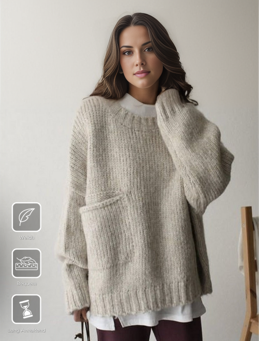 Damen Strickpullover beige, grob gestrickt, mit Tasche, lässig, warm, modisch, Herbstmode.