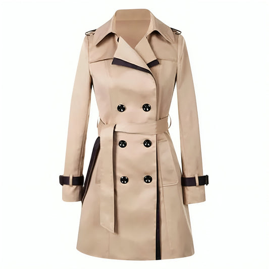Beiger Damen-Trenchcoat, zweireihig, Gürtel, klassischer Stil, Herbstmode, Zara.