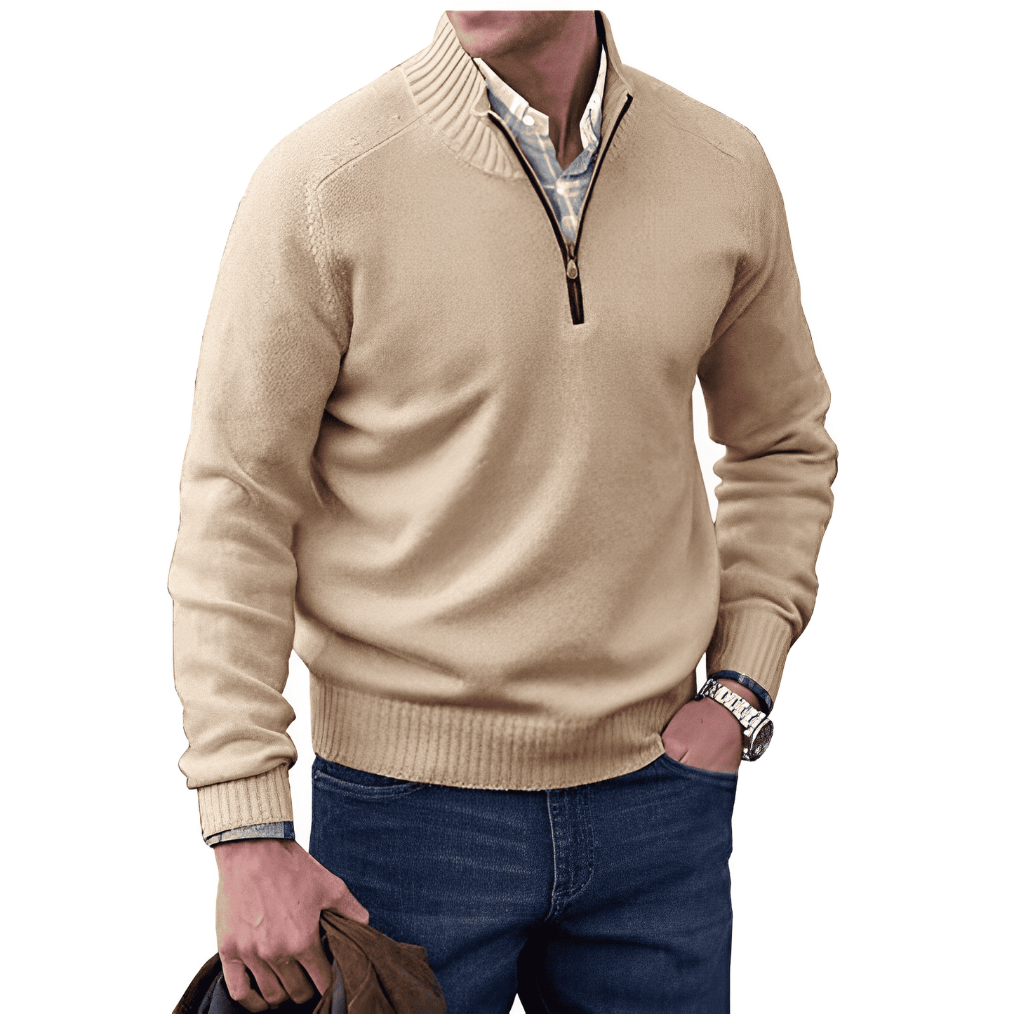 Beiger Herrenpullover mit Reißverschluss, Baumwolle, lässig, modisch, Herbstmode, Herrenbekleidung.