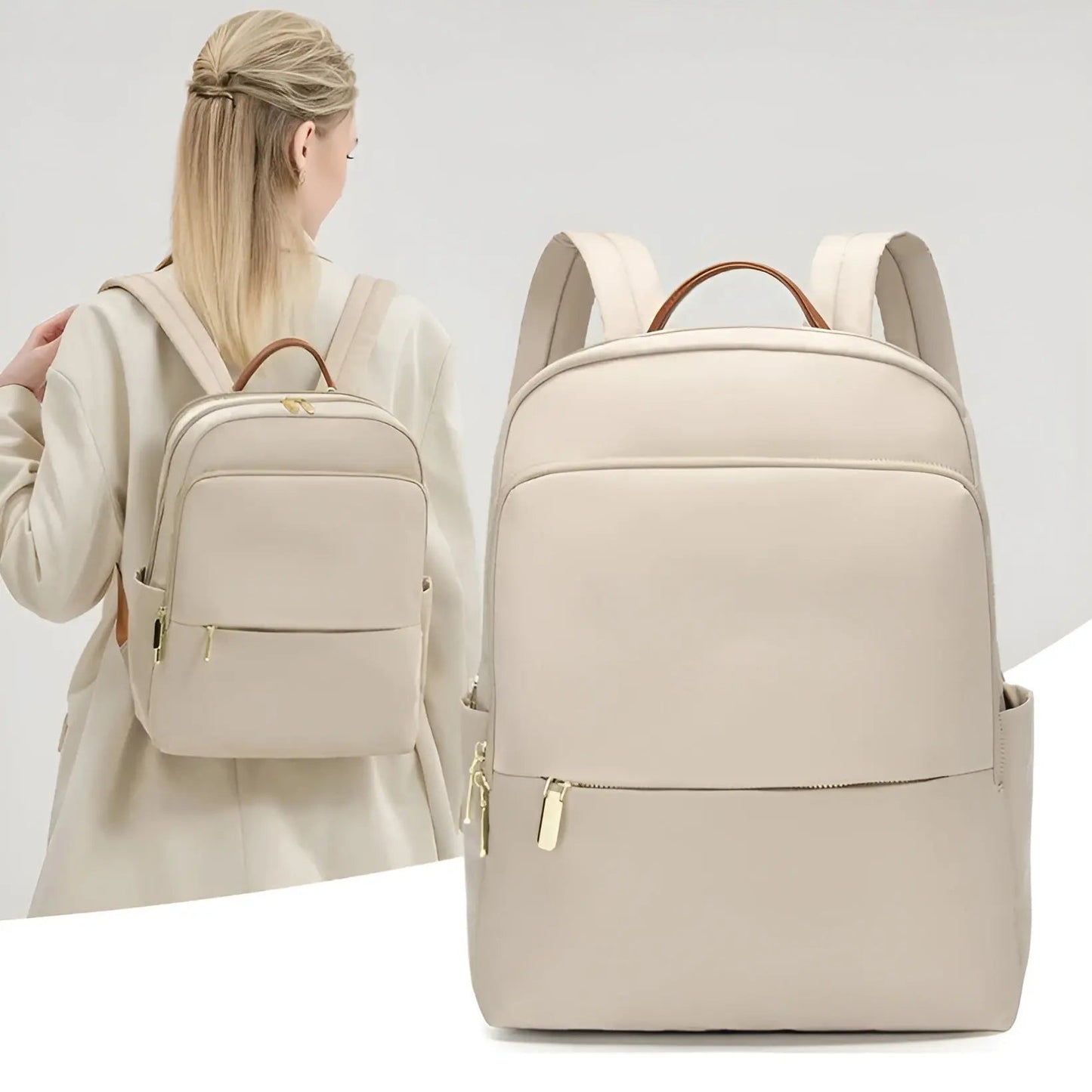 Beiger Damenrucksack aus Leder, elegant und modern, ideal für Alltag und Reisen.