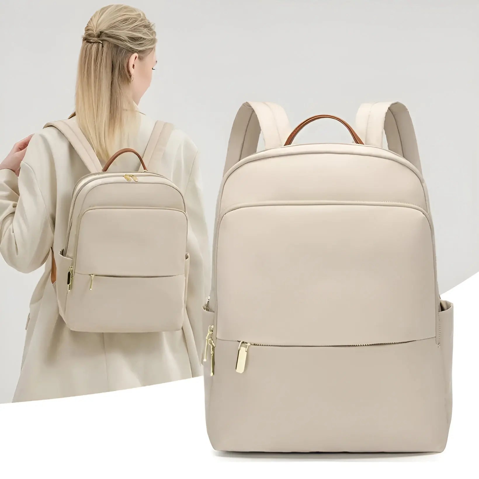 Beiger Damenrucksack aus Leder, elegant und modern, ideal für Alltag und Reisen.