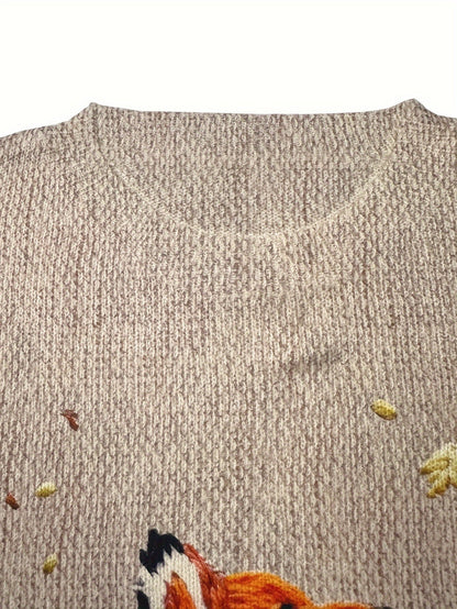 Beiger Strickpullover mit Fuchs-Stickerei, Rundhalsausschnitt, Baumwolle, Herbstmode.
