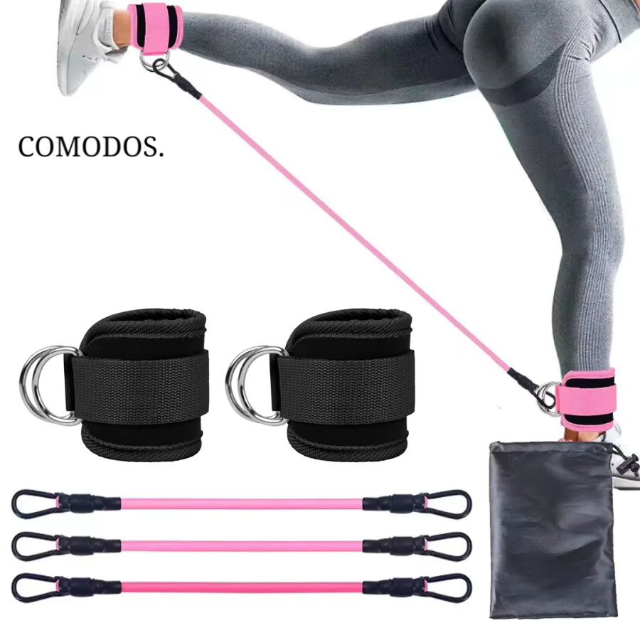 Fitness-Widerstandsbänder Set, rosa, mit Knöchelmanschetten, ideal für Beintraining und Reha.