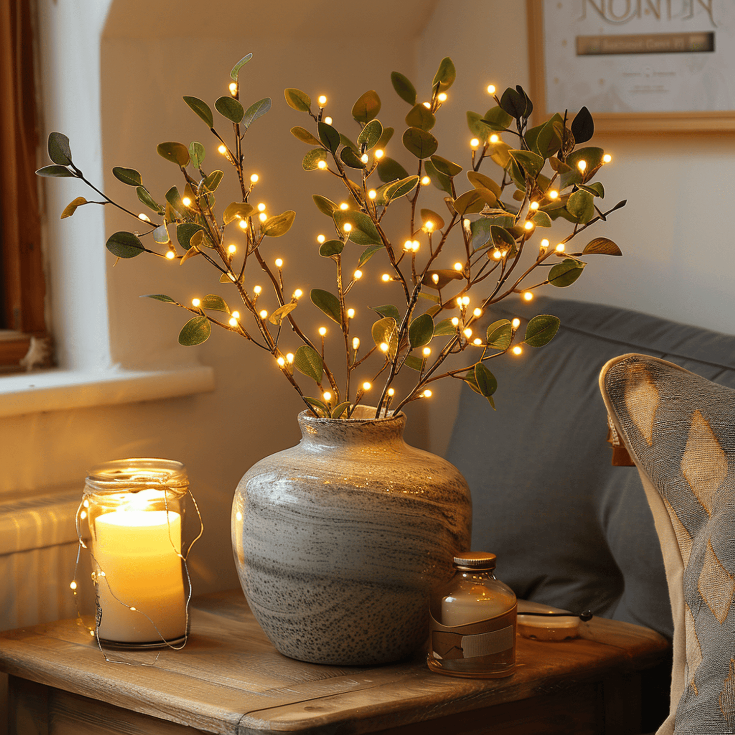 Keramikvase mit beleuchteten Olivenzweigen auf Holztisch, gemütliche Wohnzimmerdekoration.