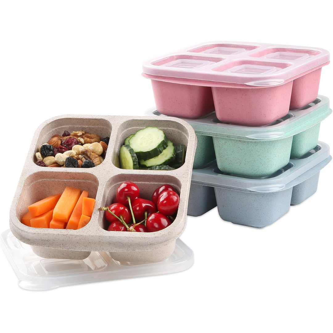 Bento-Box Set aus Kunststoff, stapelbar, mit Deckel, in Rosa, Grün, Blau, für Mahlzeitenaufbewahrung.
