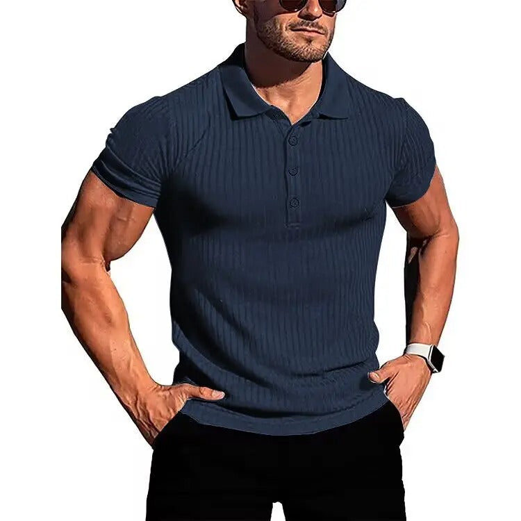 Atmungsaktiv | hochelastisch | Slim Fit | Feinstrick | Knopfleiste | Kurzarm-Marineblau-S-Luzern Mode
