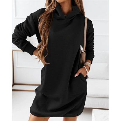 Hoodie-Kleid | Lange Ärmel | Einfarbig | Kängurutasche | Taschen-Schwarz-S-Luzern Mode