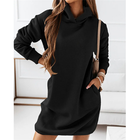 Hoodie-Kleid | Lange Ärmel | Einfarbig | Kängurutasche | Taschen-Schwarz-S-Luzern Mode