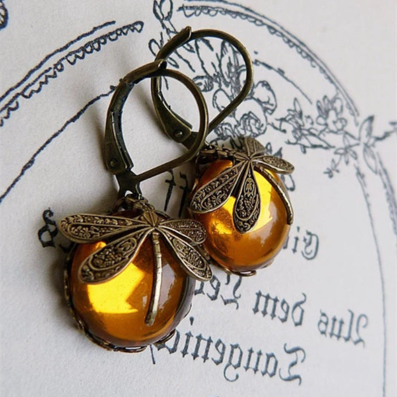 Antike Ohrringe mit Bernstein und Libellen-Design, Vintage-Stil, handgefertigt, Schmuck.