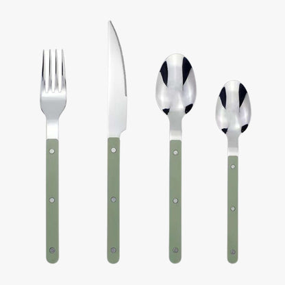 Besteckset mit grünem Griff, Edelstahl, modern, Messer, Gabel, Löffel, Essbesteck, stilvoll.