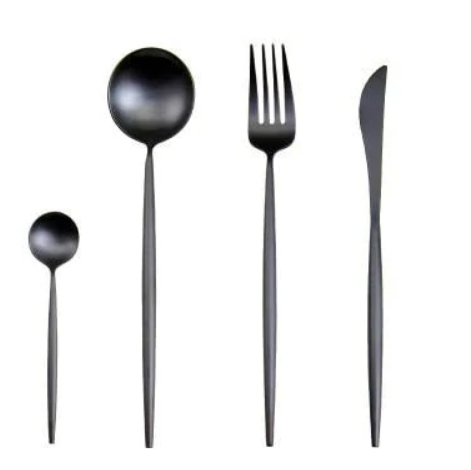 Schwarzes Edelstahl-Besteckset, bestehend aus Löffel, Gabel, Messer, Teelöffel.