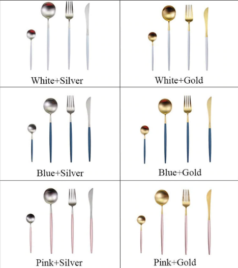 Besteckset in Weiß, Blau, Pink mit Silber- und Goldakzenten, modernes Design, Edelstahl.