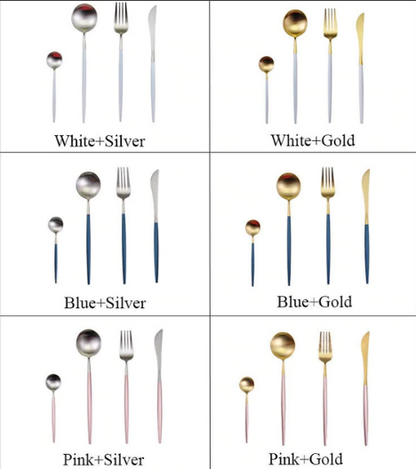 Besteckset in Weiß, Blau, Pink mit Silber- und Goldakzenten, modernes Design, Edelstahl.