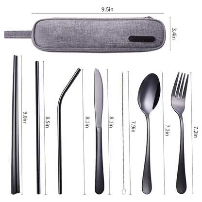 Besteckset aus Edelstahl mit Tragetasche, wiederverwendbar, umweltfreundlich, schwarz.