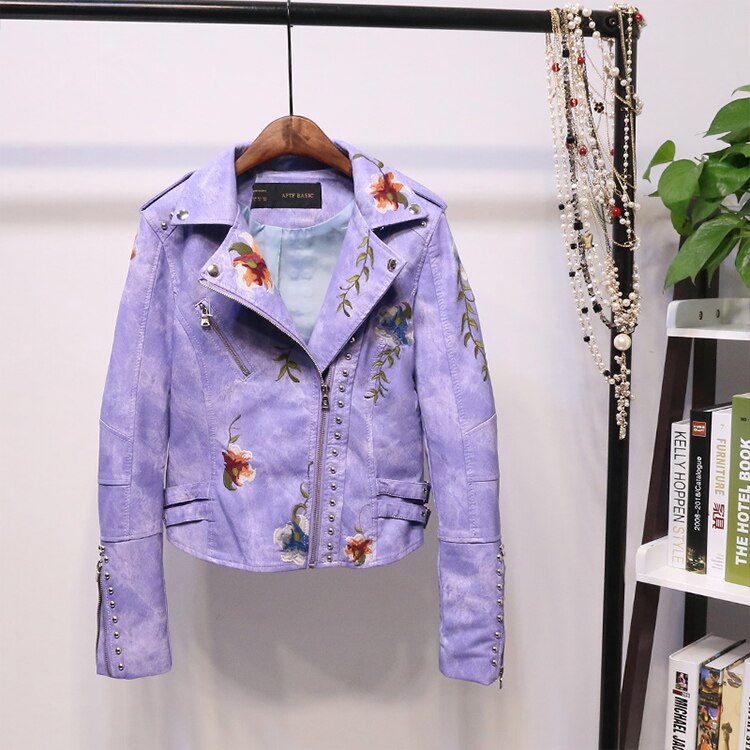 Damen Kunstlederjacke | Vegan | Kurz | Frontreißverschluss | Bestickt-Lila-S-Luzern Mode