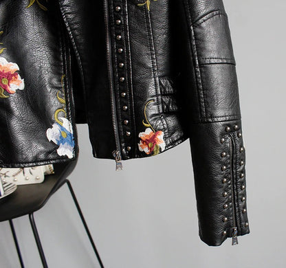 Damen Kunstlederjacke | Vegan | Kurz | Frontreißverschluss | Bestickt-Luzern Mode
