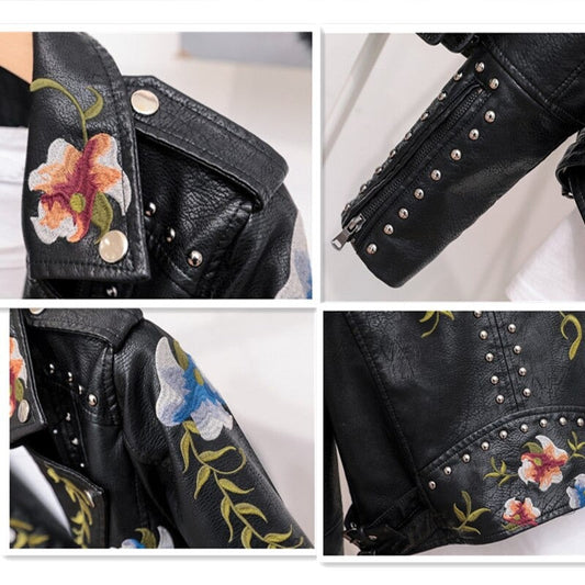 Damen Kunstlederjacke | Vegan | Kurz | Frontreißverschluss | Bestickt-Luzern Mode