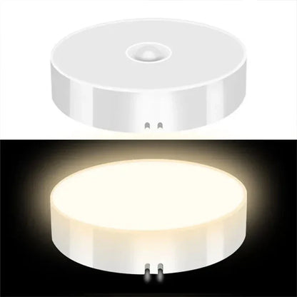Runde LED-Nachtlampe mit Bewegungsmelder, weiß, energiesparend, für Innenräume.