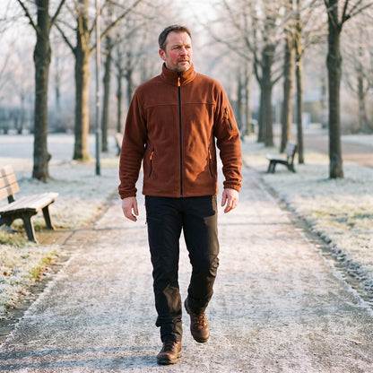 Mann in rotbrauner Fleecejacke und dunkler Hose spaziert auf einem frostigen Parkweg zwischen kahlen Bäumen 2