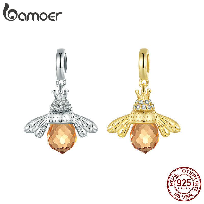 Bamoer Bienen-Anhänger, 925er Silber, orange Kristall, Damen-Schmuck, Insekten-Design.