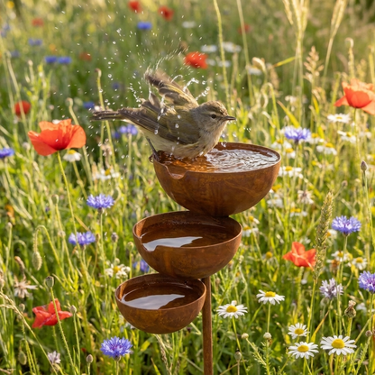 Ein Vogel spritzt Wasser aus der obersten Rostschale, umgeben von Mohn und Kornblumen auf einer Wiese 2