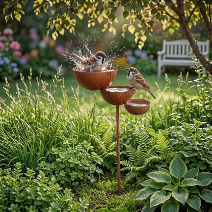 Zwei Spatzen baden und sitzen an den Rostschalen, im Hintergrund eine weiße Gartenbank 3