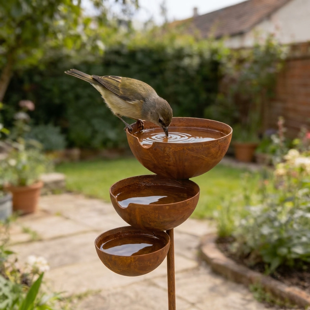 Ein Vogel beugt sich zum Trinken über die oberste Schale, dahinter ein Gartenweg mit Blumentöpfen 7