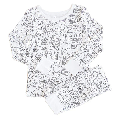 Kinder-Pyjama-Set, weiß, mit Happy Birthday-Motiven, Baumwolle, langärmelig, Geschenkideen.