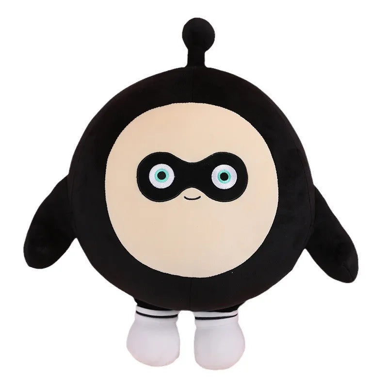 Schwarzes Plüschspielzeug, rund, mit Maske, große Augen, weiches Material, Kinderfreundlich.