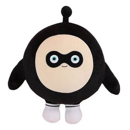 Schwarzes Plüschspielzeug, rund, mit Maske, große Augen, weiches Material, Kinderfreundlich.