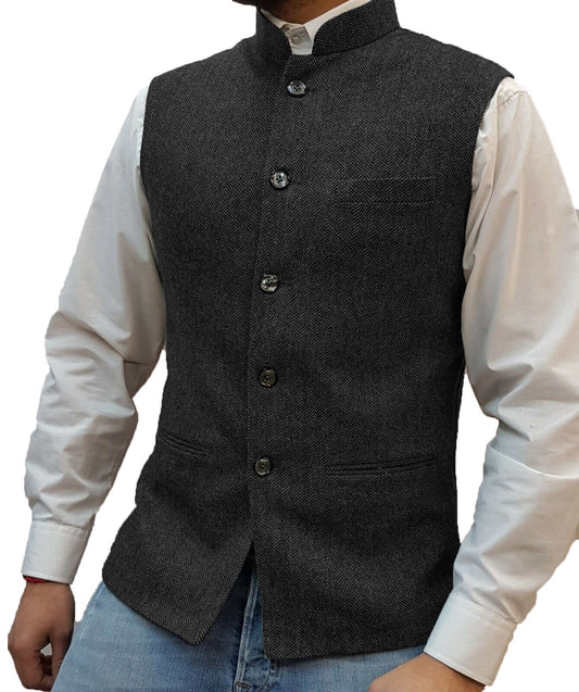 Schwarze Herrenweste aus Tweed, ärmellos, mit Knopfleiste, elegantes Design, ideal für Business.