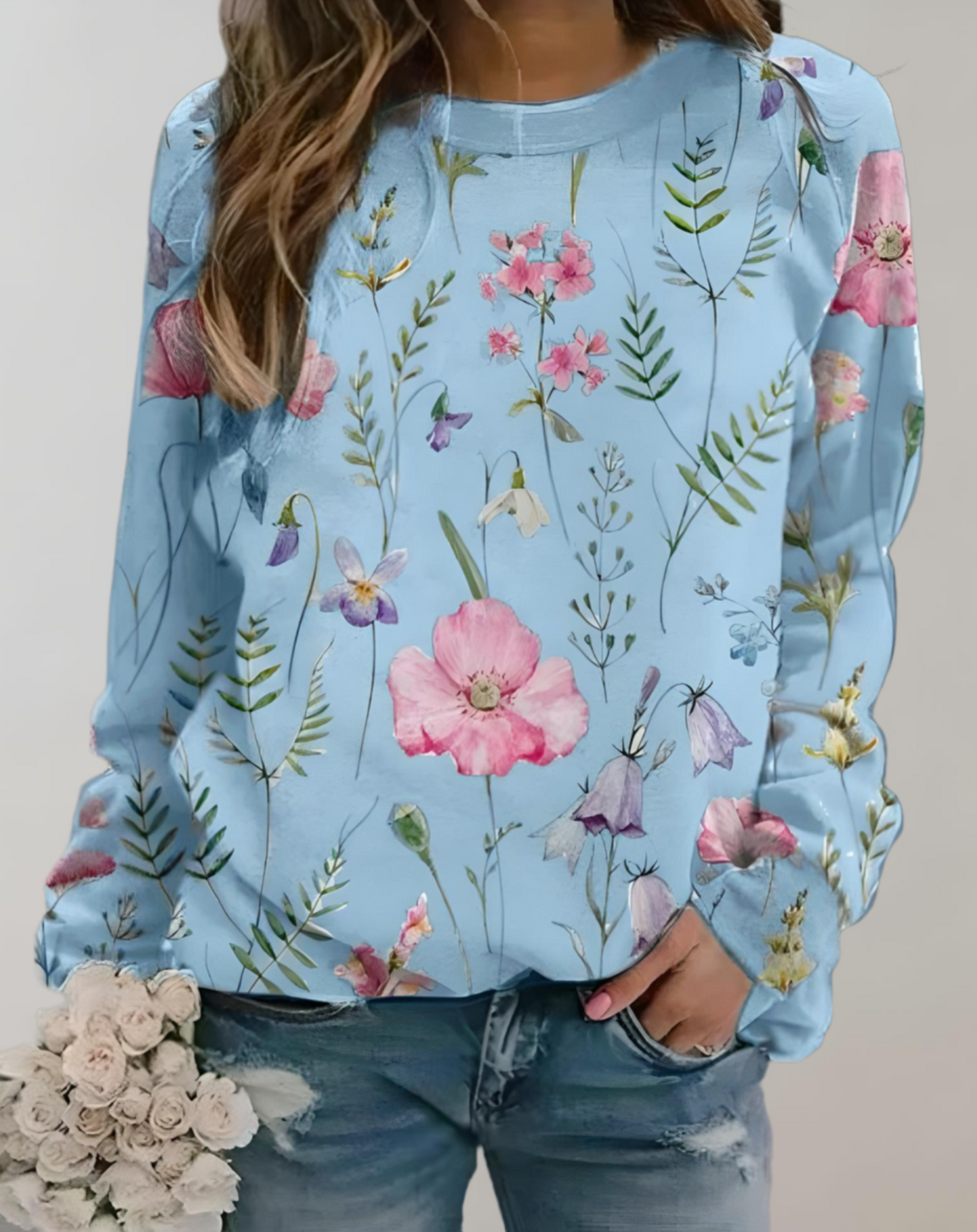Damenpullover mit Blumenmuster, hellblau, langärmelig, lässig, Baumwolle, modisch.