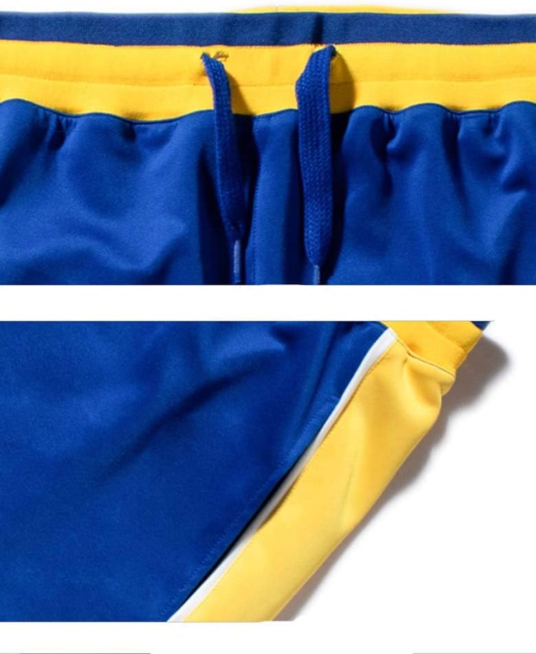 Blau-gelbe Sportshorts, elastischer Bund, Kordelzug, atmungsaktives Material, Herrenmode.