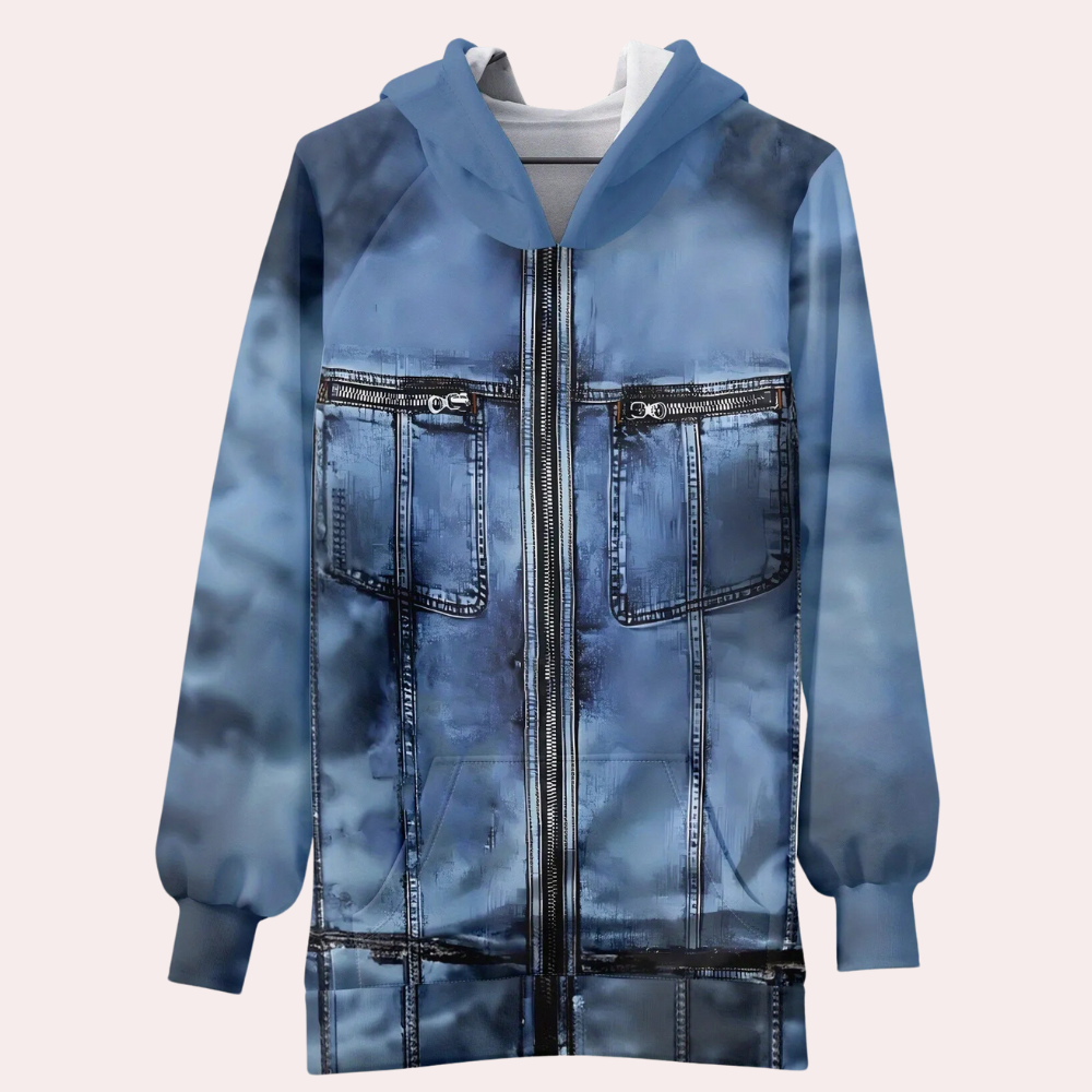 Blauer Hoodie mit Jeansjacken-Design, Reißverschluss, Kapuze, Unisex, modisch, bequem.
