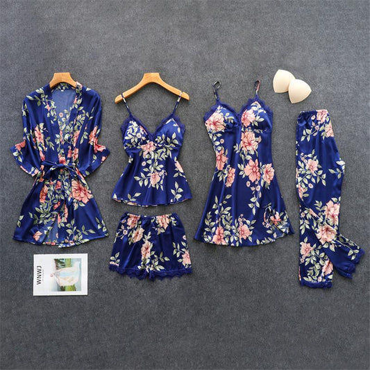 Damen Pyjama-Set, blau mit rosa Blumenmuster, Satin, 5-teilig, Nachtwäsche, elegant.