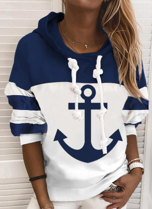 Damen Kapuzenpullover Anker-Motiv, blau-weiß, maritimer Stil, Freizeitmode, Baumwolle.