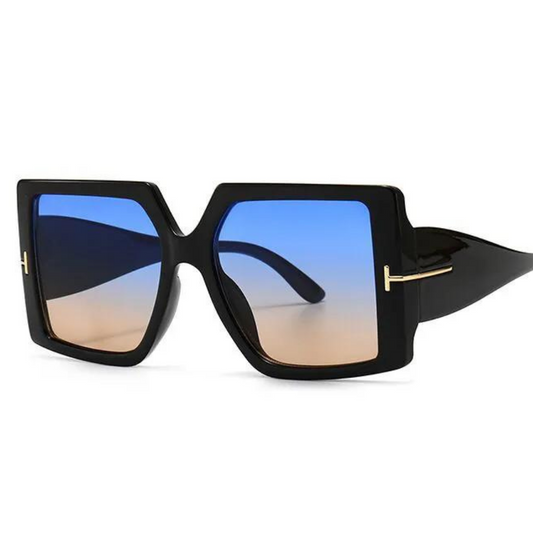 Schwarze Sonnenbrille, eckig, blau-braune Gläser, Unisex, modisch, UV-Schutz.