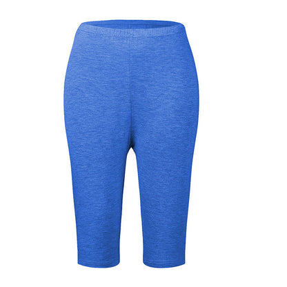 Blaue Damen-Leggings, knielang, elastisch, atmungsaktiv, ideal für Sport und Freizeit.
