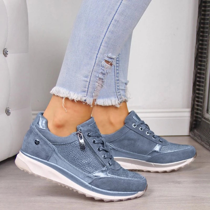 Damen Sneaker blau, Leder, sportlich, bequem, modisch, Freizeit, Jeans, Reißverschluss.