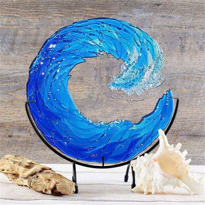 Blaue Glaswelle auf Ständer, dekorative Skulptur, maritimes Design, handgefertigt, Wohnzimmerdeko.